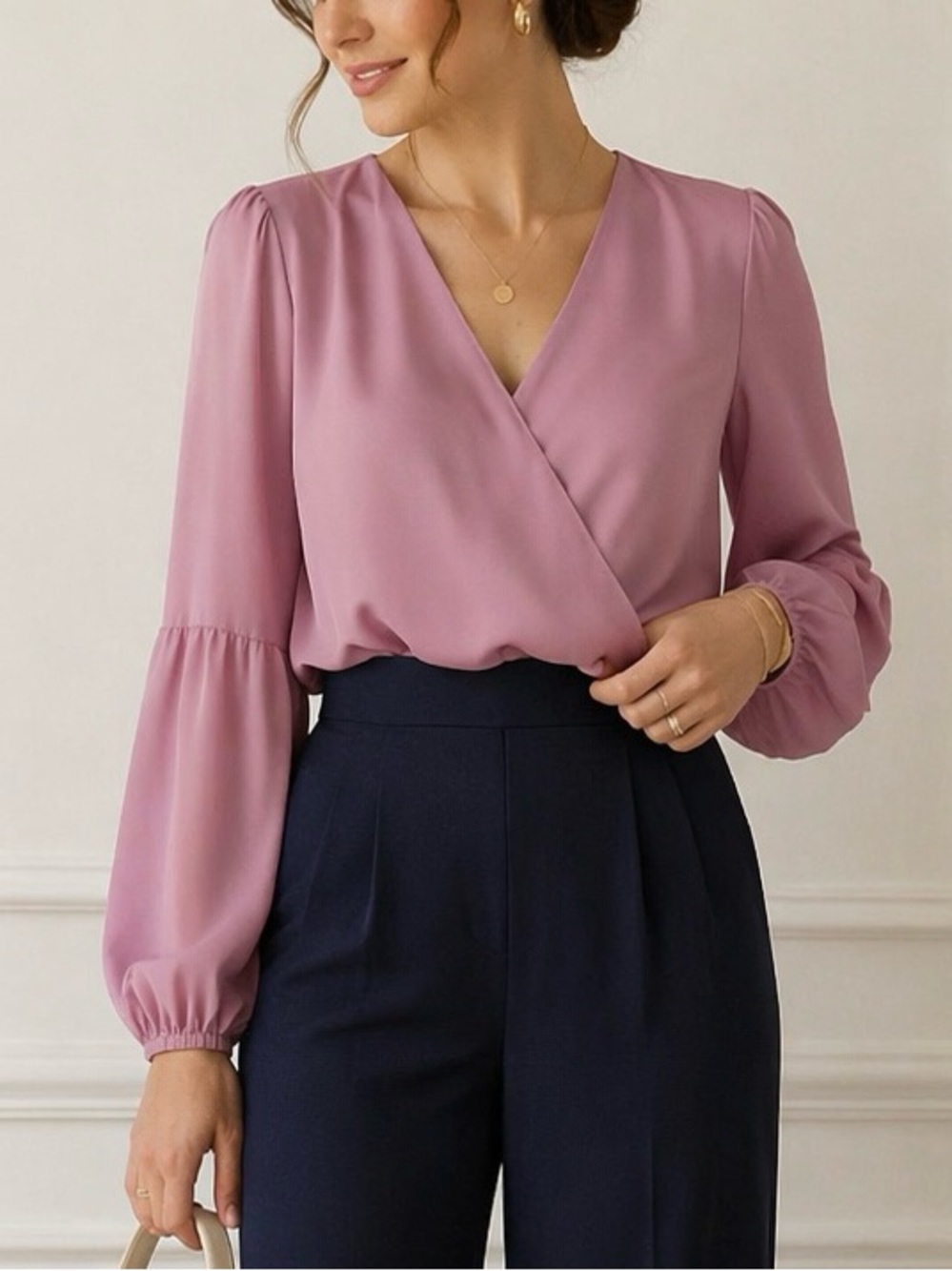 Bar III Dusty Pink Blouse S Shirt Balloon Sleeve Wrap Top High Low Asymmetrical